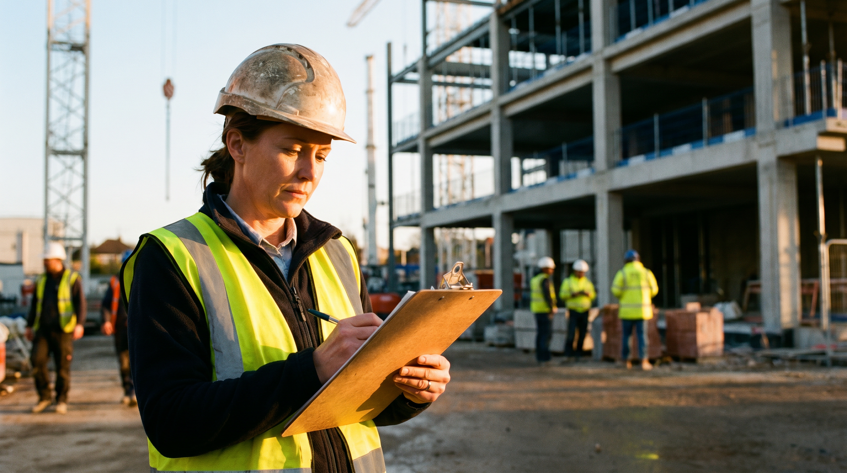 Health and safety officer conducting a workplace inspection on a construction site at golden hour