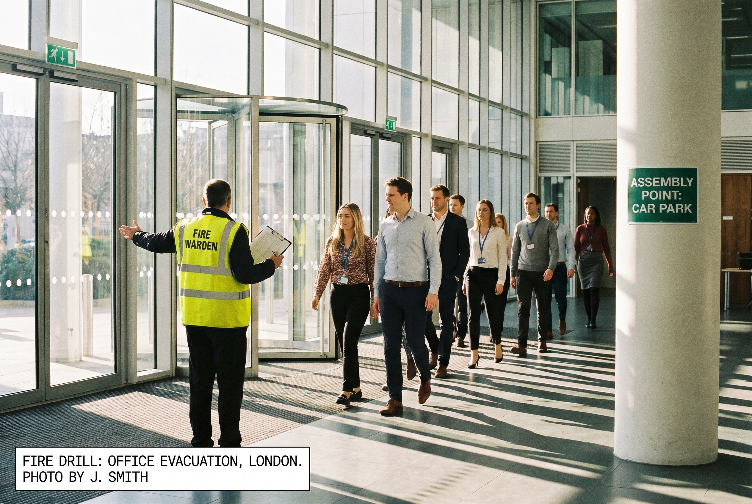 Fire warden leading office evacuation drill