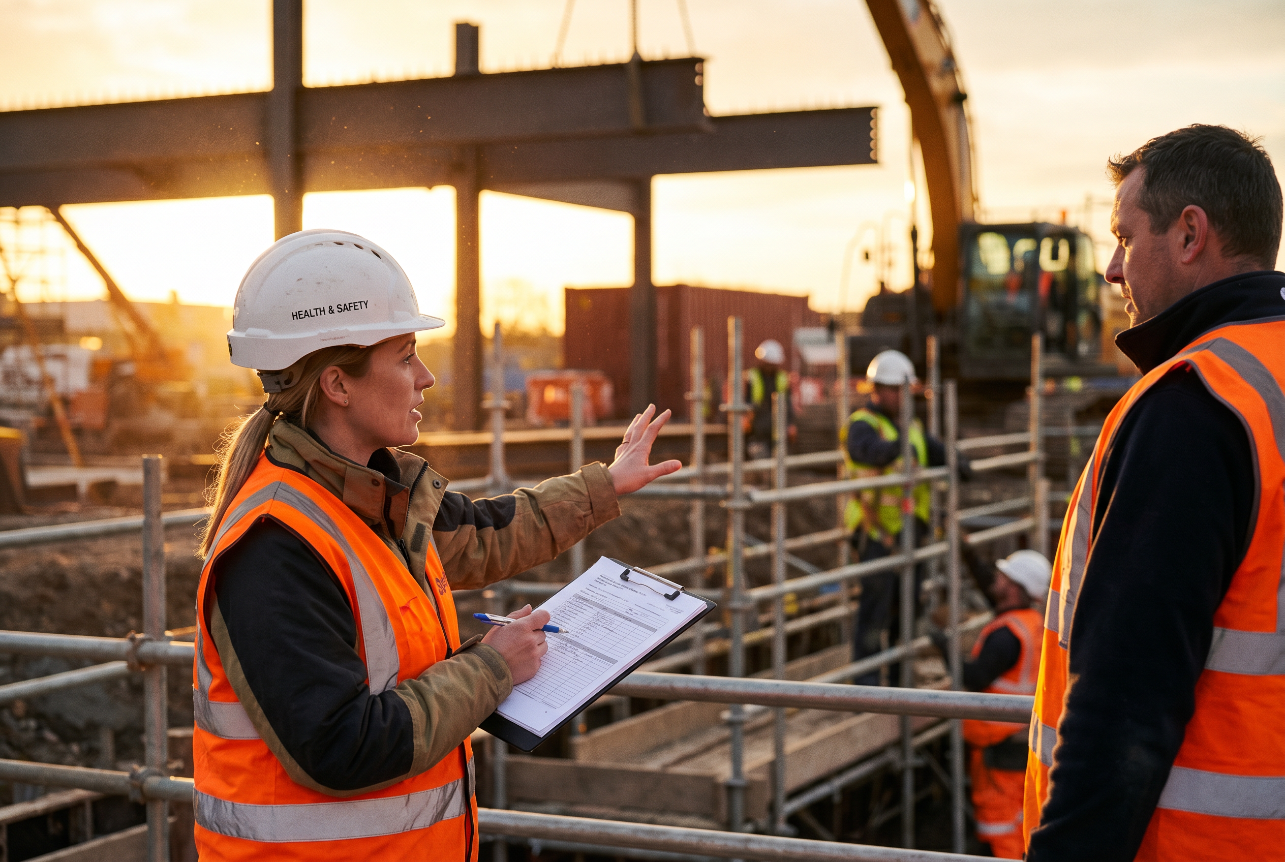 Health and safety officer reviewing legislation documents at a desk